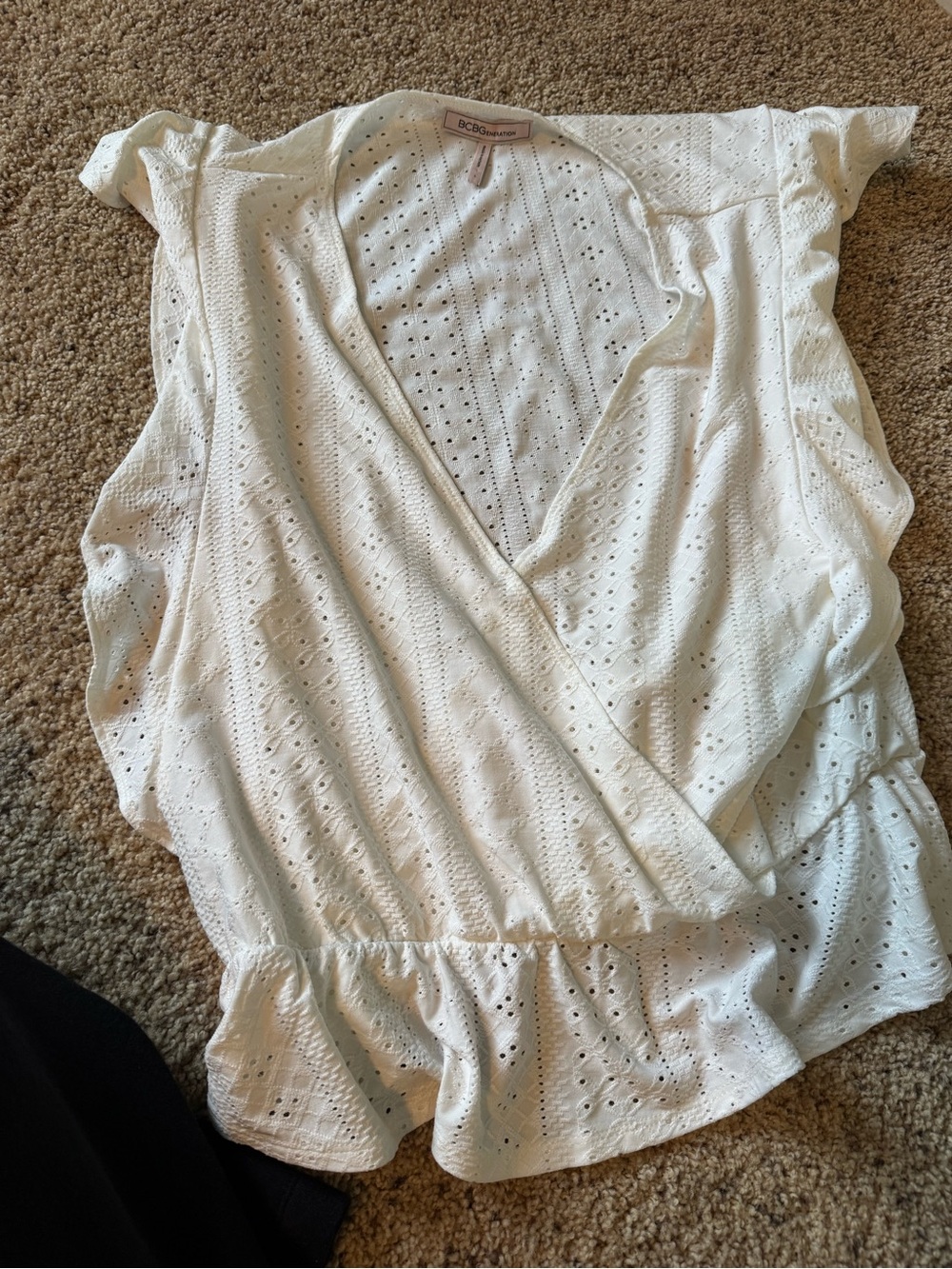 BCBGeneration White Eyelet Wrap Peplum Blouse